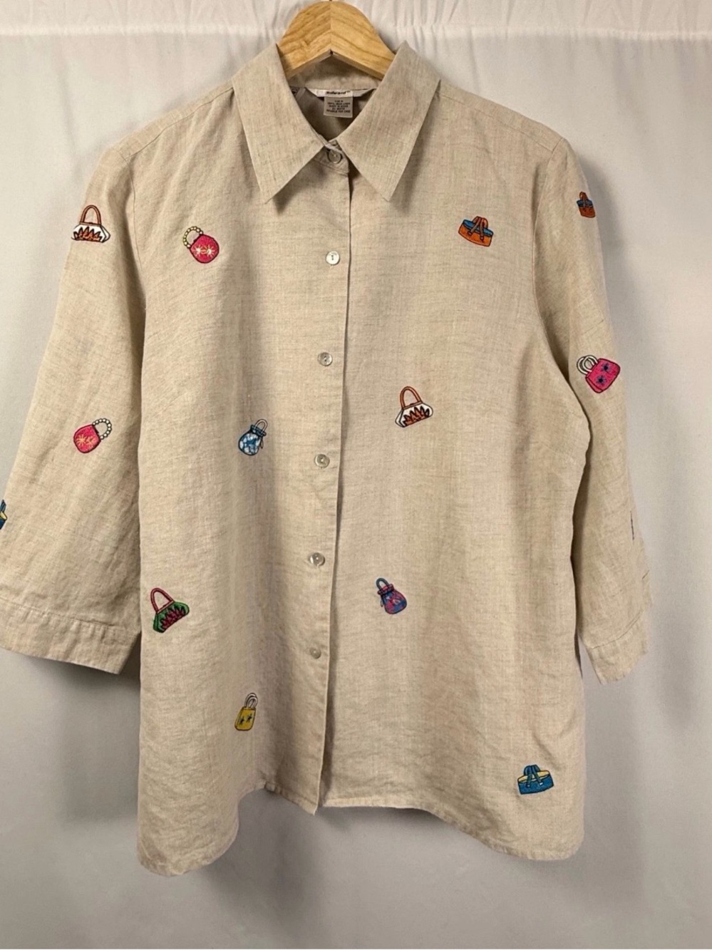 Edward 100% Irish Linen Embroidered Handbag Button Down Shirt M